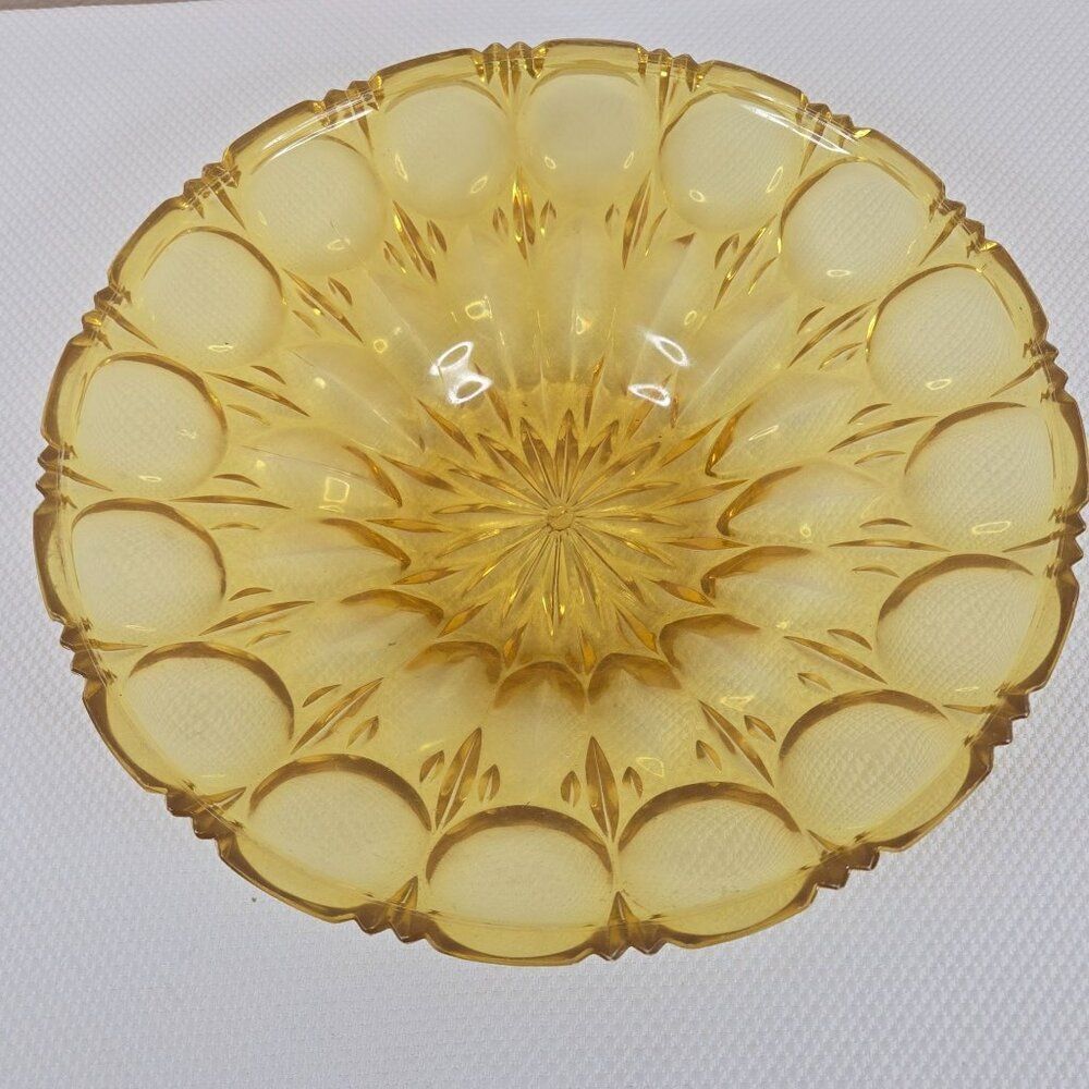 Vintage 70s Amber Mid Century Serving Bowl With Scalloped Edge Starburst Design
